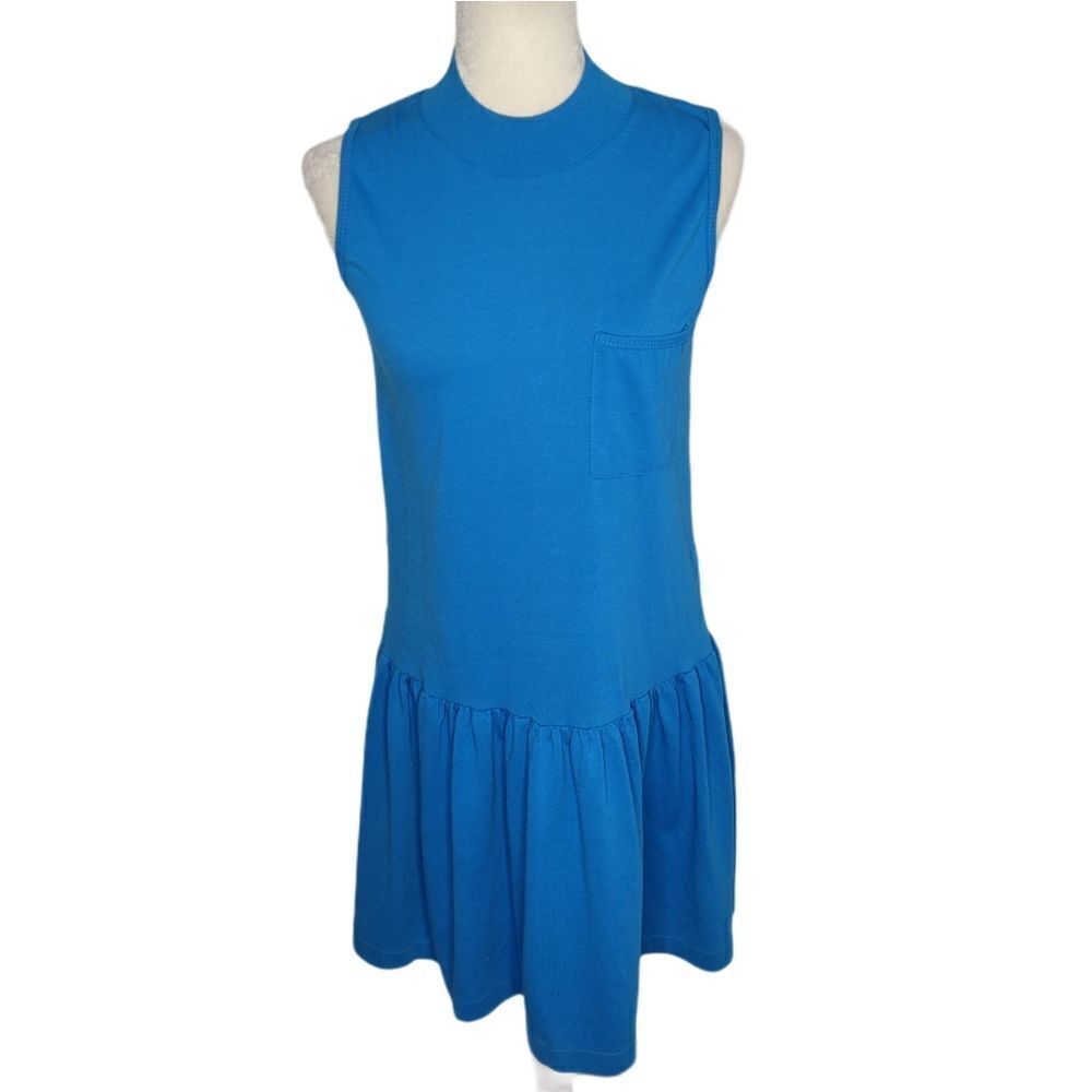VINTAGE 90s dress blue high neck single stitch drop waist shirt S